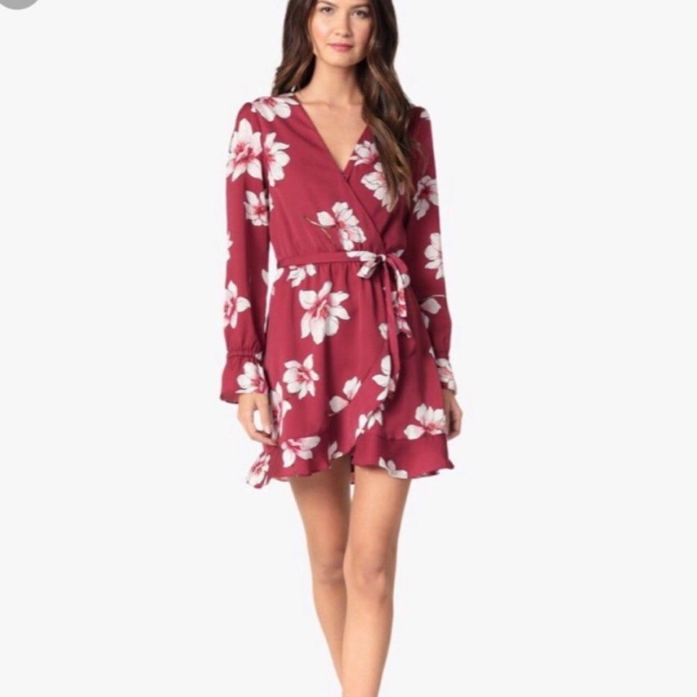 Cupcakes & Cashmere Women’s S Jarrett deep red floral wrap ls mini dress in EUC